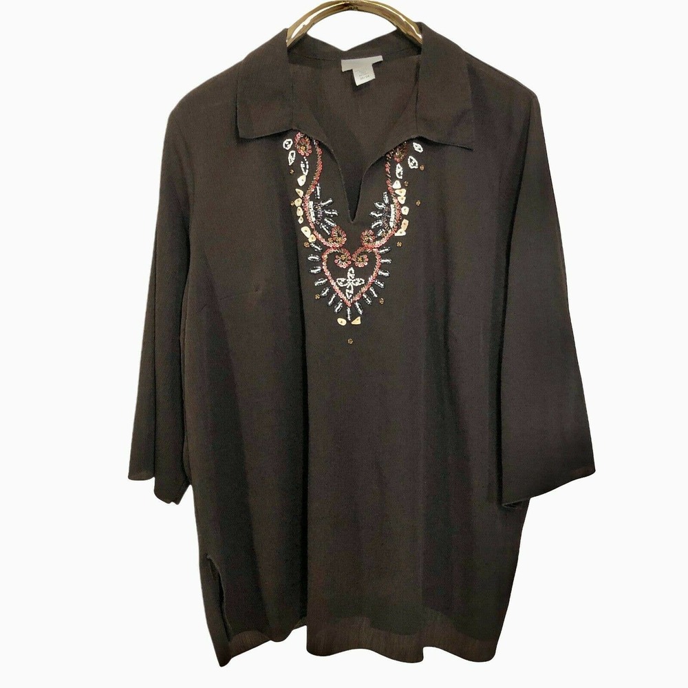 Boho Tunic Top Plus Size 22/24 Brown Sequined Beaded Front
